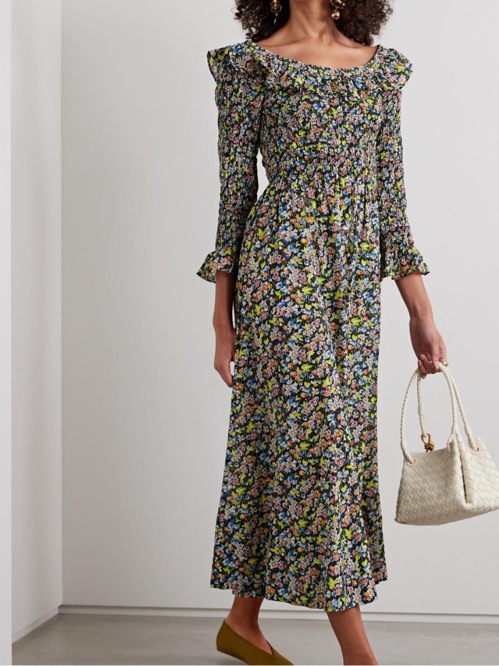 Doen Black Floral Midi Dress with Green and Blue Accents